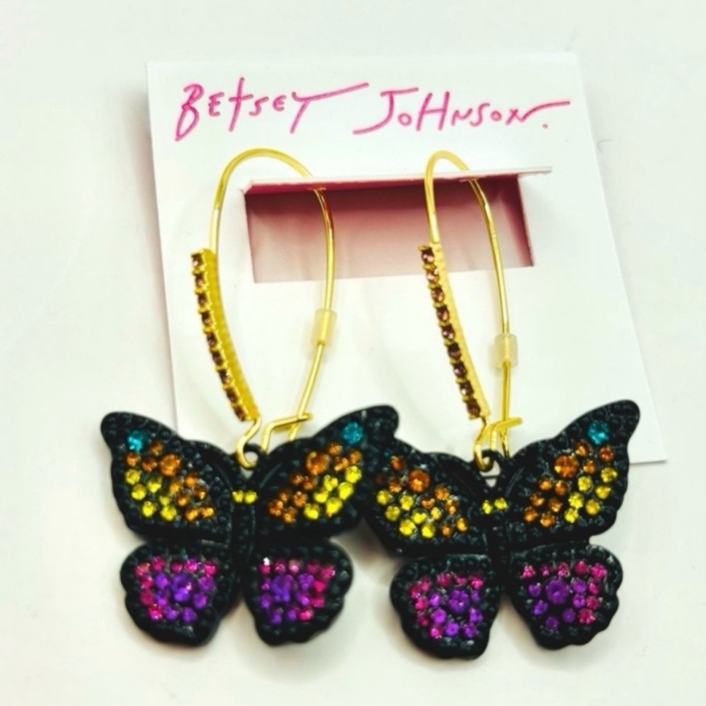 NWT 🖤🦋🖤 Betsey Johnson Pavé Butterfly Earrings Black Multicolor Crystals - Picture 15 of 16
